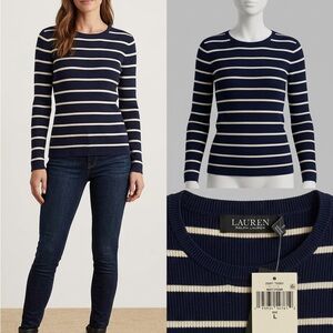 Ralph Lauren Navy and Cream Striped Ribbed Crewneck Sweater